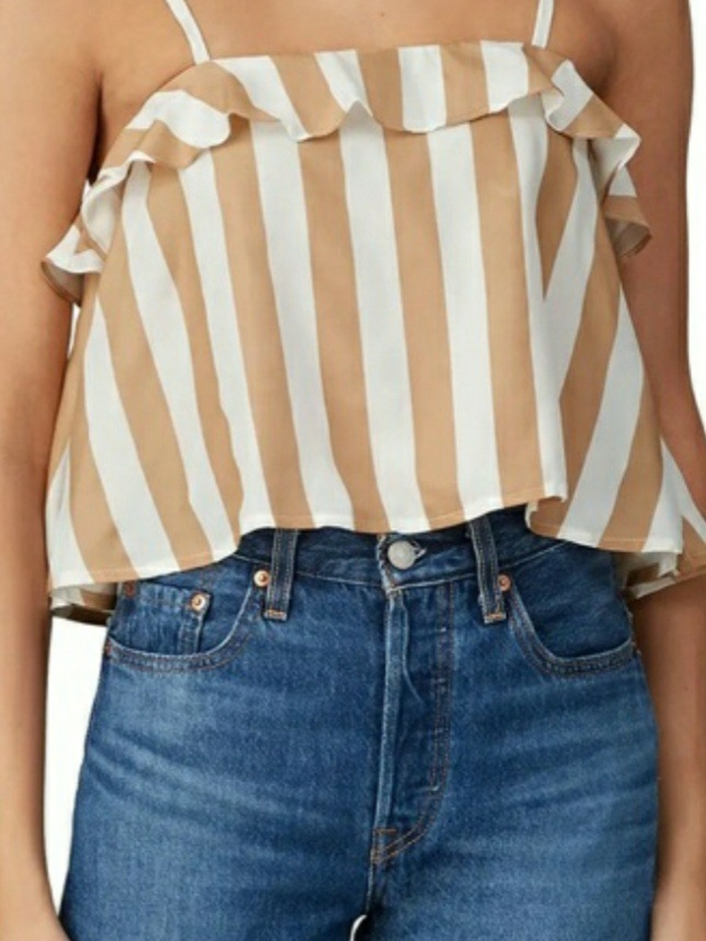 Striped Ruffle Cami Top in Tan and White